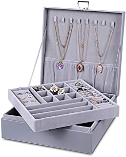 misaya Women Jewelry Box Organizer 2 Layer Large Lockable Display Jewelry Holder for Earring Ring Necklace, Gray