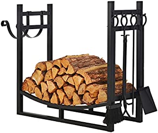 Patio Watcher 3-Foot Firewood Rack Wood Storage Log Holder with Kindling Holder and 4 Tools Indoor Outdoor Fireplace Heavy Duty Steel Black