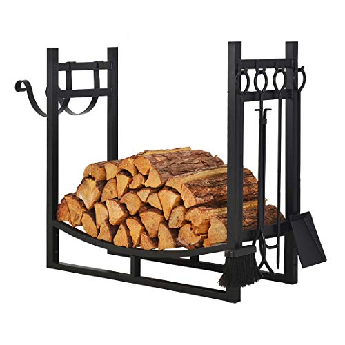 Patio Watcher 3-Foot Firewood Rack Wood Storage Log Holder with Kindling Holder and 4 Tools Indoor Outdoor Fireplace Heavy Duty Steel Black