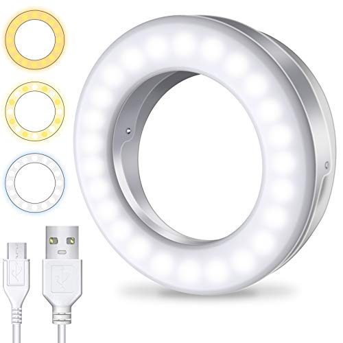 Meifigno Selfie Ring Light [3 Light Modes] [Rechargeable], Clip on Phone Camera LED Light, Adjustable Brightness Selfie Circle Light Designed for iPhone X Xr Xs 11 12 Pro Max Android iPad Laptop