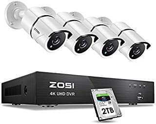 ZOSI 4K Ultra HD Security Cameras System, 8 Channel H.265+ 4K (3840x2160) Video DVR with 2TB Hard Drive and 4 x 4K (8MP) Ip67 Bullet Weatherproof Surveillance Cameras