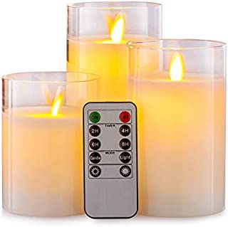 Aku Tonpa Flameless Candles Battery Operated Pillar Real Wax LED Glass Candle Sets with Remote Control Cycling 24 Hours Timer, 4