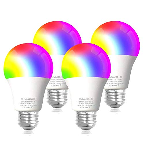 Smart WiFi Alexa Light Bulbs 2.4G, SAUDIO LED RGB Color Changing Bulbs, Compatible with Siri,Alexa,IFTTT and Google Home Assistant, No Hub Required, A19 E26 Multicolor 4 Pack