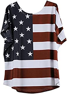 Top Short Sleeve,MILIMIEYIK Women July 4Th American Flag USA Print Strip Star Tee Pocket Short Sleeve Patriotic Shirts Red