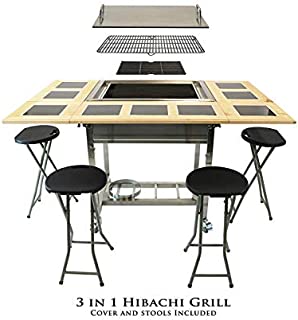 My Hibachi BBQ HBC1B Outdoor 3-in-1 Sit Around Propane w/Flat Top Teppanyaki Griddle, BBQ Rack & Cast Iron Portable for Tailgating Grill