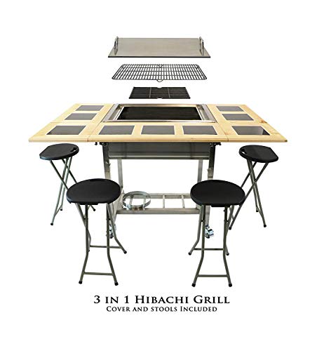 My Hibachi BBQ HBC1B Outdoor 3-in-1 Sit Around Propane w/Flat Top Teppanyaki Griddle, BBQ Rack & Cast Iron Portable for Tailgating Grill