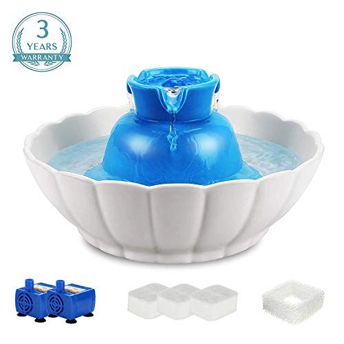 iPettie Tritone Ceramic Pet Drinking Fountain Ultra Quiet, Way Better Than Plastic, Water Fountains for Cats and Dogs 2.1 Liters Pet Water Dispenser with Replacement Filters and Foam, Color Blue