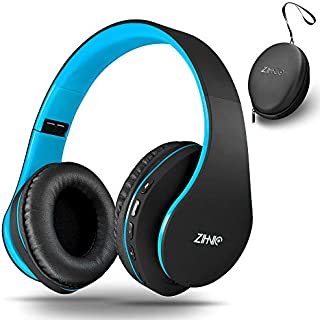 Wireless Over-Ear Headset with Deep Bass, Bluetooth and Wired Stereo Headphones Buit in Mic for Cell Phone, TV, PC,Soft Earmuffs &Light Weight for Prolonged Wearing by Zihnic (Black/Blue)