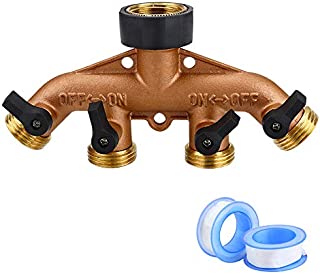 Jansamn 4 Way Brass Garden Hose Splitter Heavy Duty Garden Tap Hose Adapter Nozzle Switcher Connector with 4 Shut-Off Valves for Garden Irrigation Watering (American Thread 3/4)