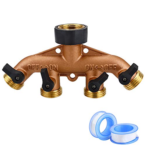 Jansamn 4 Way Brass Garden Hose Splitter Heavy Duty Garden Tap Hose Adapter Nozzle Switcher Connector with 4 Shut-Off Valves for Garden Irrigation Watering (American Thread 3/4)