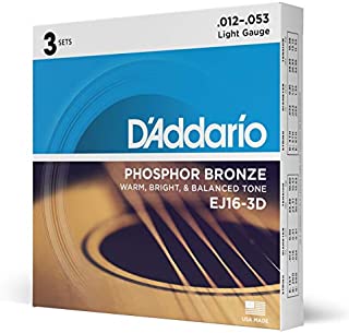 DAddario EJ16-3D Phosphor Bronze Acoustic Guitar Strings, Light Tension  Corrosion-Resistant Phosphor Bronze, Offers a Warm, Bright and Well-Balanced Acoustic Tone  Pack of 3 Sets