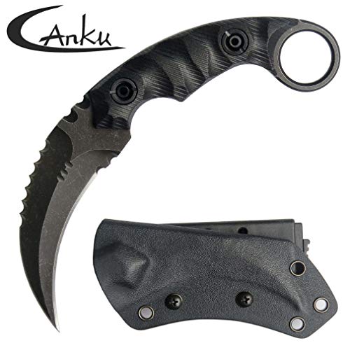 Canku C1691 Fixed Blade Knife D2 Steel G10 Handle 4 Inches,Outdoor Survival Claw Tactical Teeth Knife,Camping EDC Tools, Kydex Sheaths