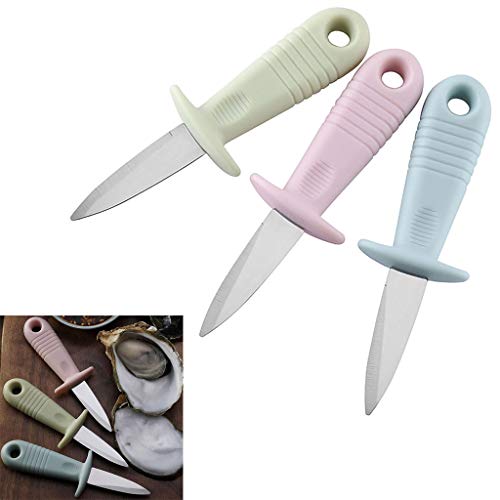 IronBuddy Oyster Shucking Knife Stainless Steel Oyster Shucker Opener with PP Anti-Slip Handle, Green, Pink, Blue, Pack of 3