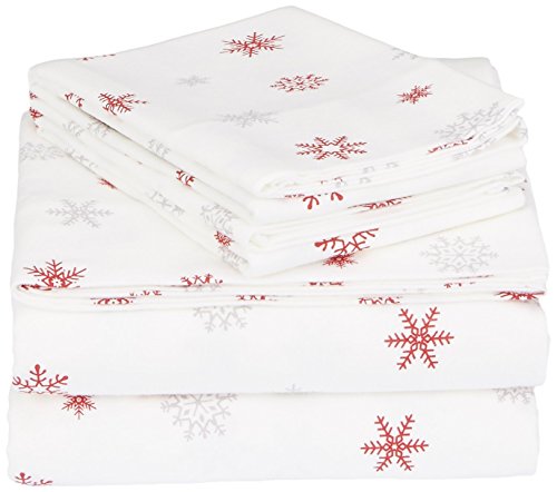 Pinzon Cotton Flannel Bed Sheet Set - Twin, Falling Snowflake Merlot