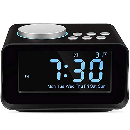 Keright Digital Alarm Clock Radio with Bluetooth Speaker, FM Radio, USB Charging, Snooze, AUX TF Card Play, Thermometer, Large Mirror LCD Dimmable Display for Bedside Bedroom Desktop Home Office