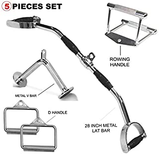 FITNESS MANIAC LAT Machine Accessory Pull Down Combo Set | Solid Metal LAT Bar, Double D Rowing Handle, Tricep V Bar, D-Handle (5 Pcs)