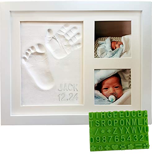 Baby Handprint & Footprint Keepsake Photo Frame Kit - Personzalize it w/ Free Stencil! Non-Toxic Clay, Wall/Table Wood Picture Frame. Perfect Registry, Baby Shower, New Mom, Birthday & Newborn Gift!