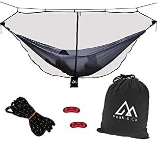 Peak & Co. Hammock Bug Net & Hammock Mosquito Net 12' with Water Resistant Bag & Guyline Adjusters. Fits All Single/Double Camping Hammocks. Compact. Lightweight. Fast/Easy Setup. Dual Sided Zipper