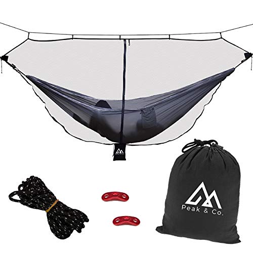 Peak & Co. Hammock Bug Net & Hammock Mosquito Net 12' with Water Resistant Bag & Guyline Adjusters. Fits All Single/Double Camping Hammocks. Compact. Lightweight. Fast/Easy Setup. Dual Sided Zipper