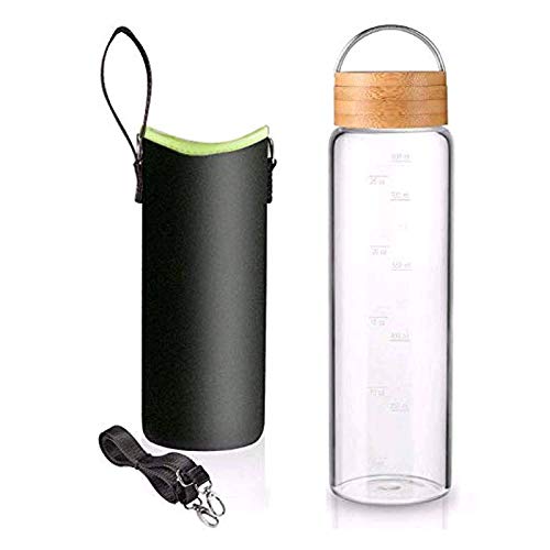 32 oz Glass Water Bottle - Nylon Bottle Protection Sleeves, Bamboo Lid, And 1L Time Marked Measurements, Reusable, Eco-Friendly, Safe for Hot Liquids Tea Coffee Daily