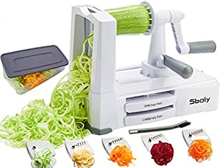 Vegetable Spiralizer Vegetable Slicer with 5 Blades, Zucchini Spaghetti Maker Zoodle Maker Veggie Pasta Maker, Strongest and Heaviest Duty Mandoline Slicer with Container, Lid, Brush