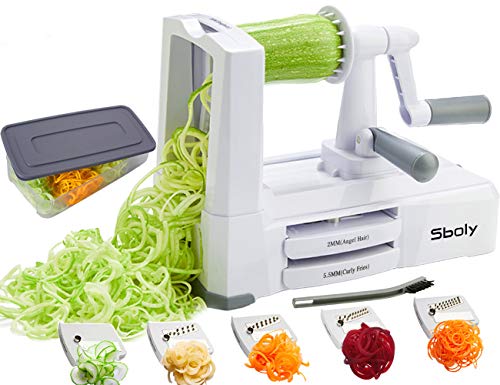 Vegetable Spiralizer Vegetable Slicer with 5 Blades, Zucchini Spaghetti Maker Zoodle Maker Veggie Pasta Maker, Strongest and Heaviest Duty Mandoline Slicer with Container, Lid, Brush