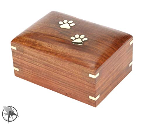 Pet Urn Stellar Merchants Wooden, Dogs and Cats, Brass Paws and Corner Inlays, Hand Crafted Burial Box, Cremation Ashes Urn, Rosewood Memorial Box (Large)