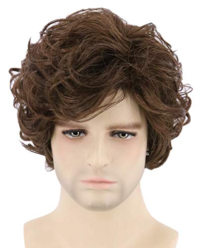 Topcosplay Brown Wigs for Men Short Curly Fluffy Cosplay Halloween Character Costume Wig Layered