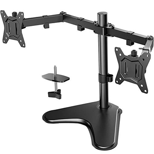 Dual Monitor Stand, Free Standing Height Adjustable Two Arm Monitor Mount for Two 13 to 32 inch Flat Curved LCD Screens with Swivel and Tilt, 17.6lbs per Arm by Huanuo