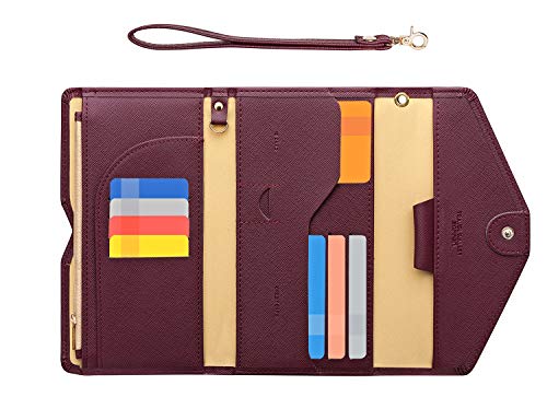 Zoppen Passport Holder Travel Wallet (Ver.5) for Women Rfid Blocking Multi-purpose Passport Cover Document Organizer Strap, Wine Red