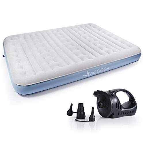 VICOODA Queen Air Mattress, Air Bed for Camping and Home Use, No Leak, Inflatable Queen Airbed Blow up Guest Bed Camping Tent Mattress Pillow Rest Raised Airbed w/Built-in Electric Pump, 9 Inch