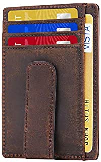 Beartwo RFID Blocking Minimalist Genuine Leather Money Clip Wallet Slim Front Pocket Wallet Credit Card Holder with ID Window