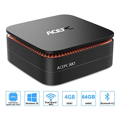 ACEPC AK1 Mini PC, Windows 10 (64-bit) Intel Celeron Apollo Lake J3455 Processor(up to 2.3GHz) Desktop Computer,4GB DDR3/64GB eMMC,2.4G+5G Dual WiFi,Gigabit Ethernet,BT 4.2,4K