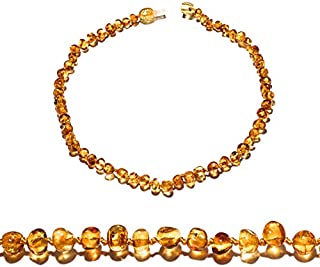 Amber Teething Necklaces (12,5 Inches) with safe Pop style clasp. Handcrafted of oval polished real amber beads. Carefully selected amber stones for those who we love most...