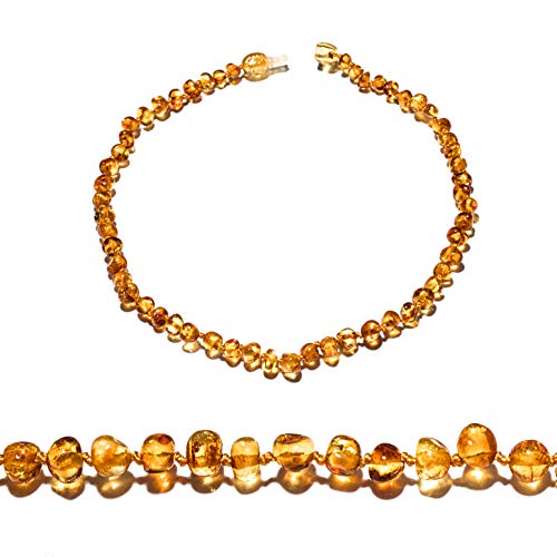 Amber Teething Necklaces (12,5 Inches) with safe Pop style clasp. Handcrafted of oval polished real amber beads. Carefully selected amber stones for those who we love most...