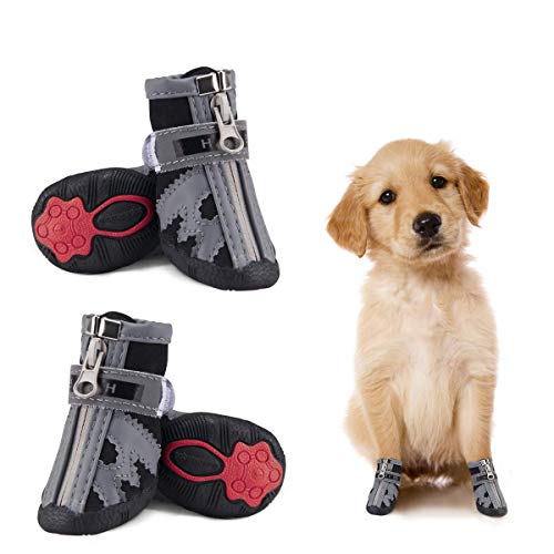 Dog Shoes for Small Dogs Winter Snow Dog Booties Open with Zips and Rugged Anti-Slip Sole Paw - Reflective Running Hiking Pet Dog Boots - Protectors Comfortable Suitable for Medium Dogs