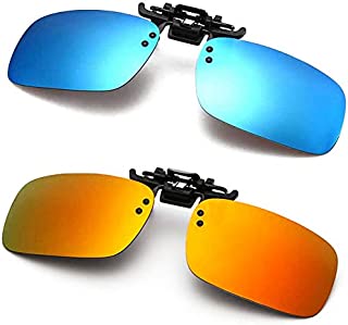 Polarized Clip-on Sunglasses for Driving Fishing - Flip up Sunglasses over Prescription Glasses (Blue + Orange)