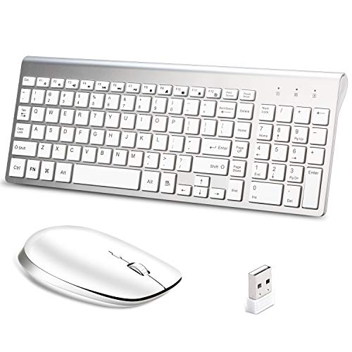 Wireless Keyboard and Mouse Combo,Lucloud 2.4GHz Ultra-Thin Portable Keyboard and Silent Mouse for PC Desktop Computer Laptop Mac Tablet (Comfortable Mouse, Sliver+White)