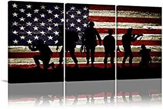 American Flag Wall Art American Soldier Military Wall Decor 3 Panels Painting Independence Day Theme Artwork American Flag Poster Patriotic Concept USA Flag for Home Print on Canvas Picture Framed Ready to Hang