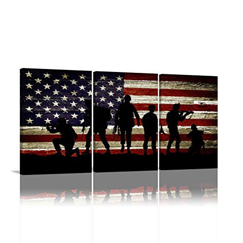 American Flag Wall Art American Soldier Military Wall Decor 3 Panels Painting Independence Day Theme Artwork American Flag Poster Patriotic Concept USA Flag for Home Print on Canvas Picture Framed Ready to Hang