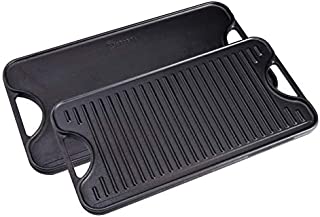 Victoria GDL-194 Rectangular Cast Iron Double Burner, Reversible Griddle Grill Seasoned with 100% Kosher Certified Non-GMO Flaxseed Oil, 18.5 x 10 Inch, Black