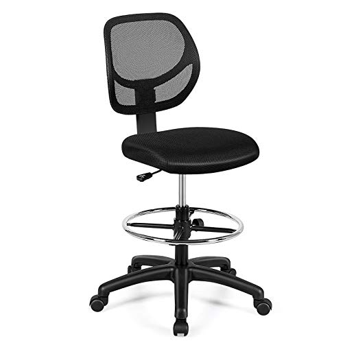 Giantex Mesh Drafting Chair, Standing Desk Chair w/Footrest Ring, Adjustable Height Chair Mid Back Tall Office Chair for Home Office, Black