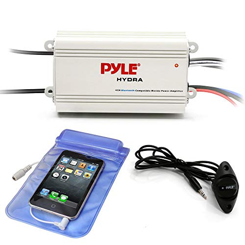 Pyle Auto 4-Channel Marine Amplifier - 200 Watt RMS 4 OHM Full Range Stereo with Wireless Bluetooth & Powerful Prime Speaker - High Crossover HD Music Audio Multi Channel System PLMRMB4CW White