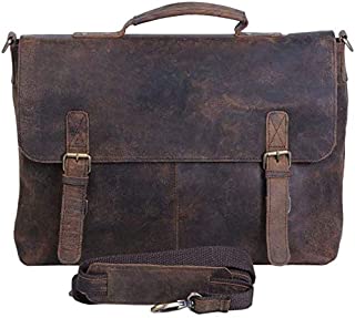 KomalC 16 Inch Retro Buffalo Hunter Leather Laptop (Fits upto 15.6 Inch Laptop) Messenger Bag Office Briefcase College Bag (Distressed Tan)