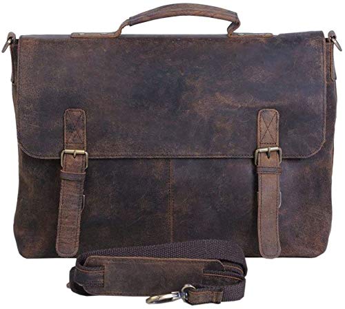 KomalC 16 Inch Retro Buffalo Hunter Leather Laptop (Fits upto 15.6 Inch Laptop) Messenger Bag Office Briefcase College Bag (Distressed Tan)