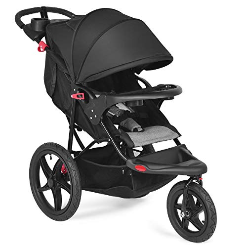 Costzon Baby Jogger Stroller, All Terrain Lightweight Fitness Jogging Stroller w/Parental Cup Phone Holder, Free Tractive Webbing, Large Storage Basket (Black)