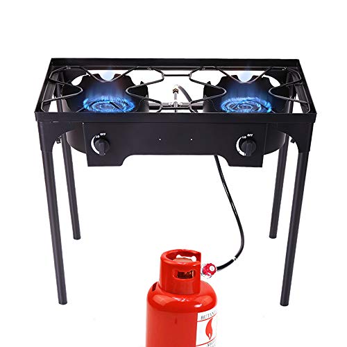 Sandinrayli Double Burner Outdoor Stand Stove Cooker Outdoor Camp Stove High Pressure Propane Gas w/Detachable Legs for Camp Cooking (Two Burner 180000 BTU)