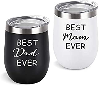 New Parents Gifts, Best Dad and Mom Ever Tumbler Set, New Mom and Dad Parents Baby Shower New Pregnancy Baby Announcement Gift, Insulated Stainless Steel Wine Tumbler with Lid(12Oz, Black and White)