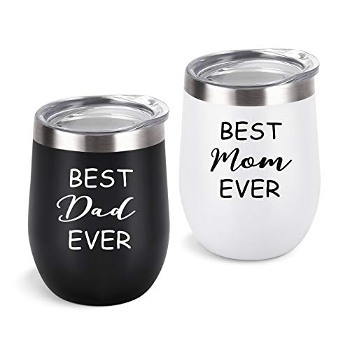 New Parents Gifts, Best Dad and Mom Ever Tumbler Set, New Mom and Dad Parents Baby Shower New Pregnancy Baby Announcement Gift, Insulated Stainless Steel Wine Tumbler with Lid(12Oz, Black and White)