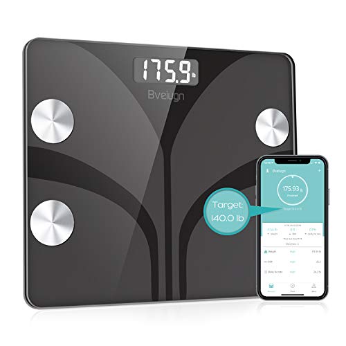 Body Fat Scale, Bveiugn Smart Wireless Digital Bathroom BMI Weight Scale, Body Composition Analyzer Health Monitor with Tempered Glass Platform Large Digital Backlit LCD with Smartphone App